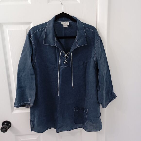 Jordan Women's Blue, 3/4 Sleeve, Tunic Blouse, Size L 100% Linen, Bohemian Style - Picture 1 of 8